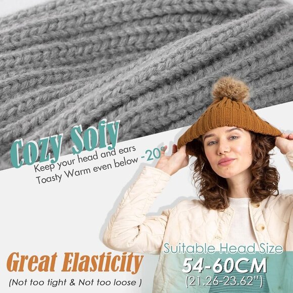 Women\'s Grey Winter Beanie Hat Satin Lined Faux Fur Pom Pom Beanies Hat